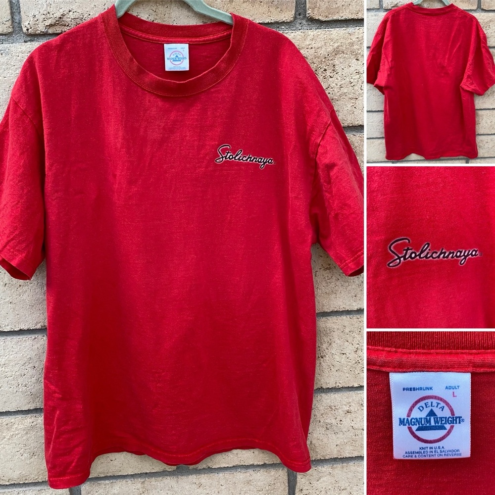 vintage 90s Stolichnaya vodka red t shirt Delta Magnim weight mens large